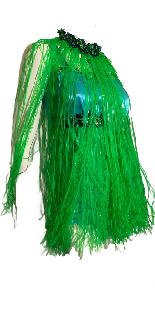 Lime Green and Aqua Satin Fringed 2 Piece Stage Costume circa 1960s