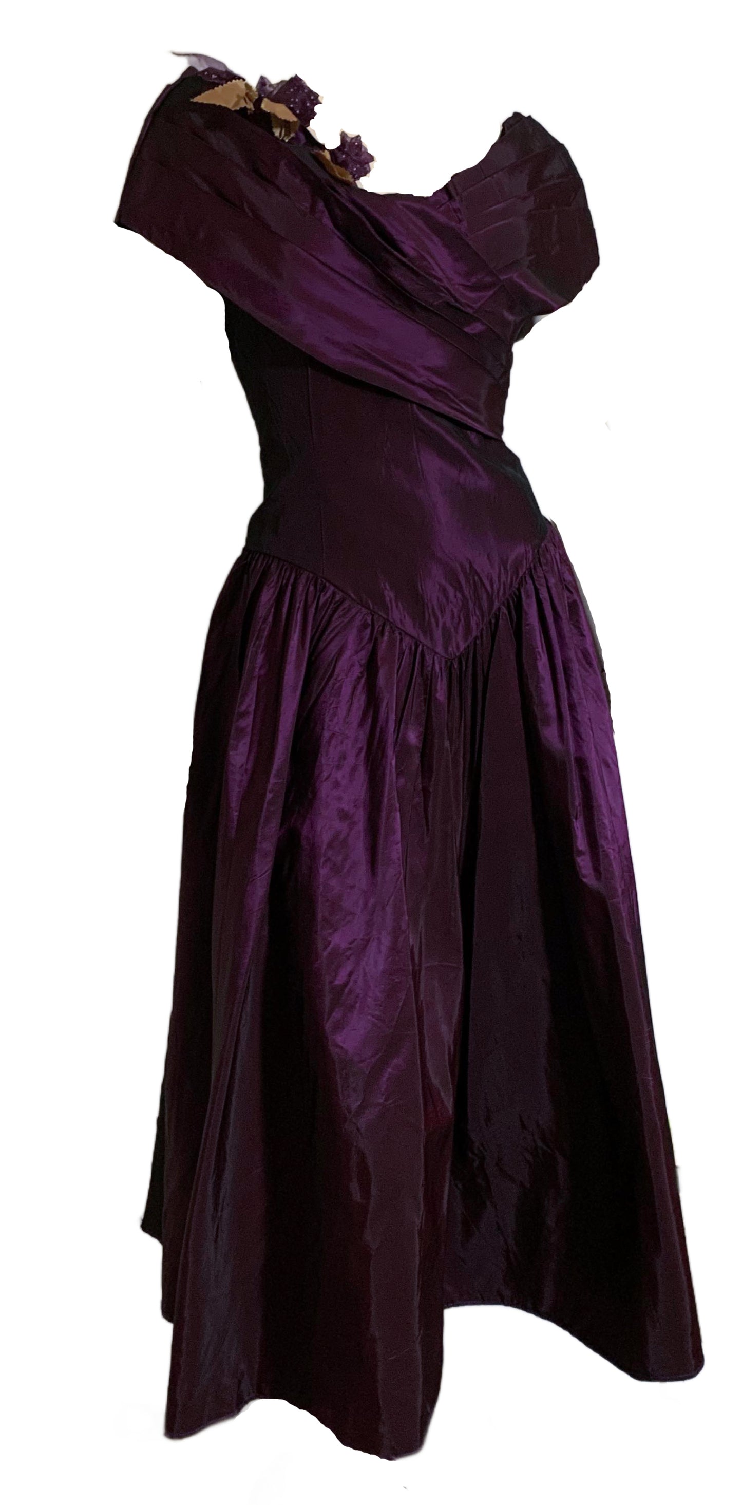 Brilliant Purple Changeable Taffeta Party Dress with Flower Accents circa 1980s