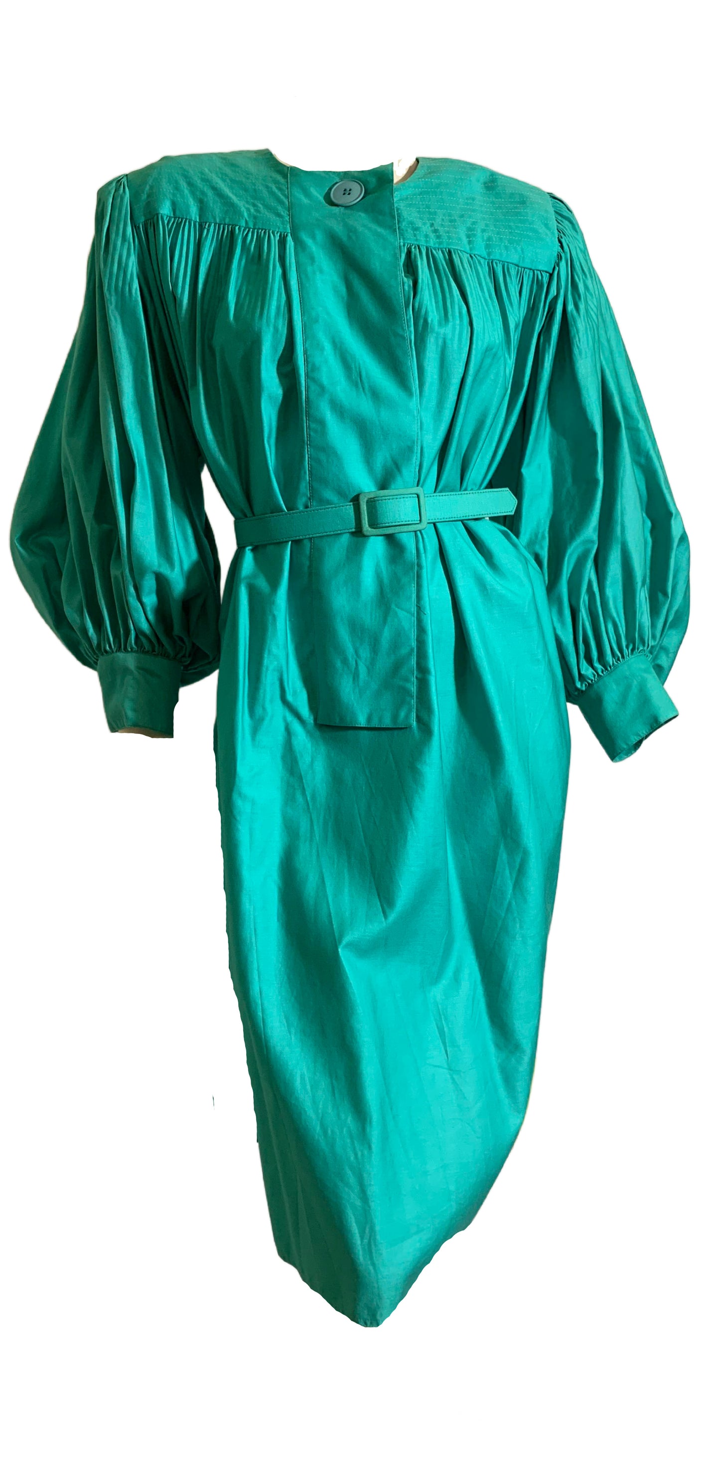 Bright Teal Cotton Belted Tent Dress with Voluminous Puff Sleeves circa 1980s