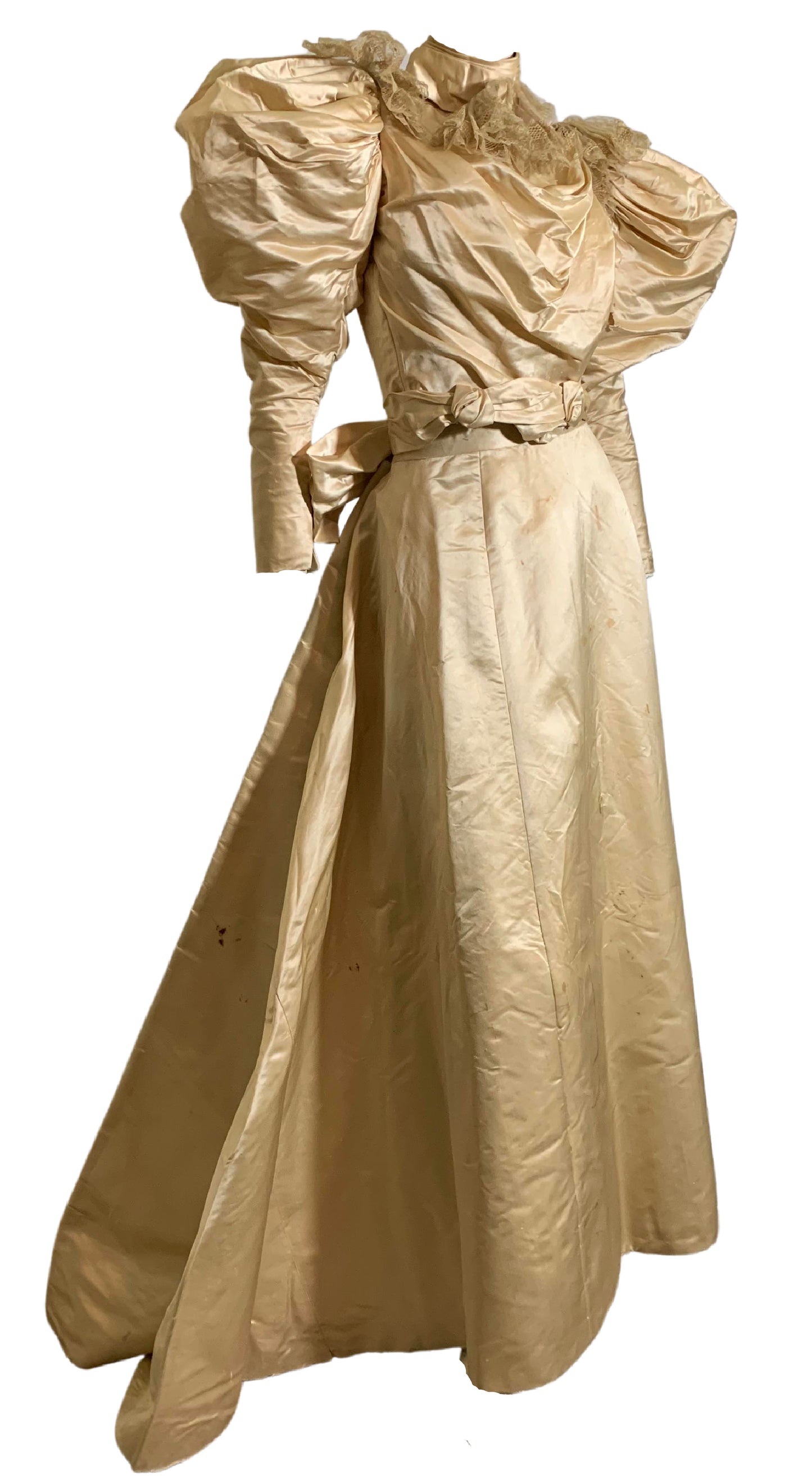 Candlelight Silk and Lace Bridal Ensemble with Leg of Mutton Sleeves and Bible circa 1895