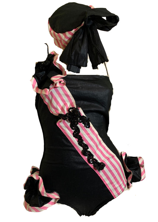 Black and Pink Striped Sash Leotard Stage Costume with Tilt Hat circa 1940s