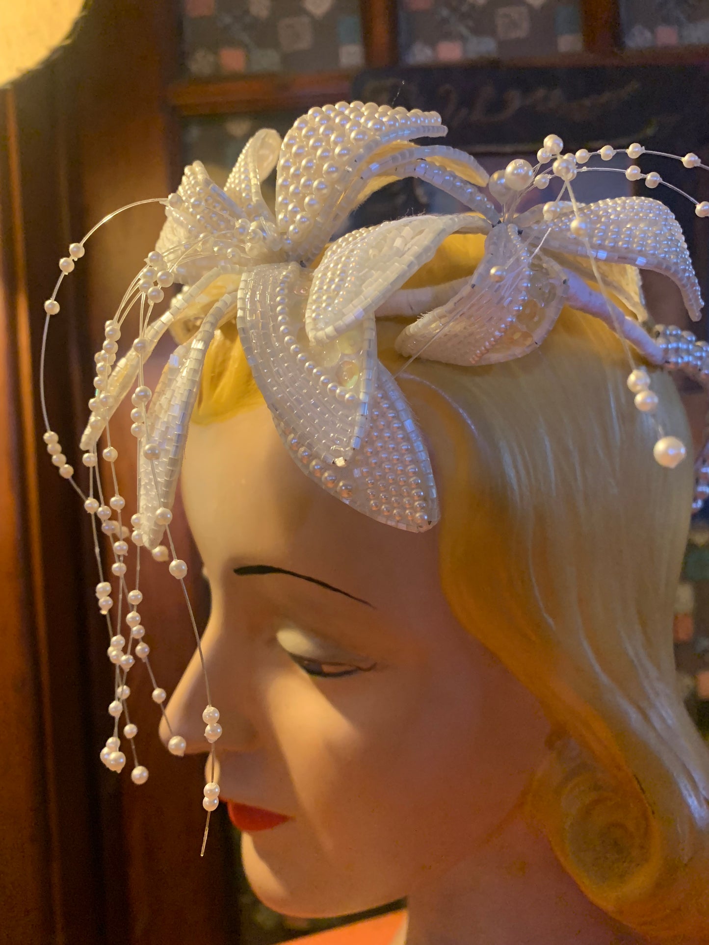 Beaded Lily Faux Pearl Bridal Headpiece circa 1980s