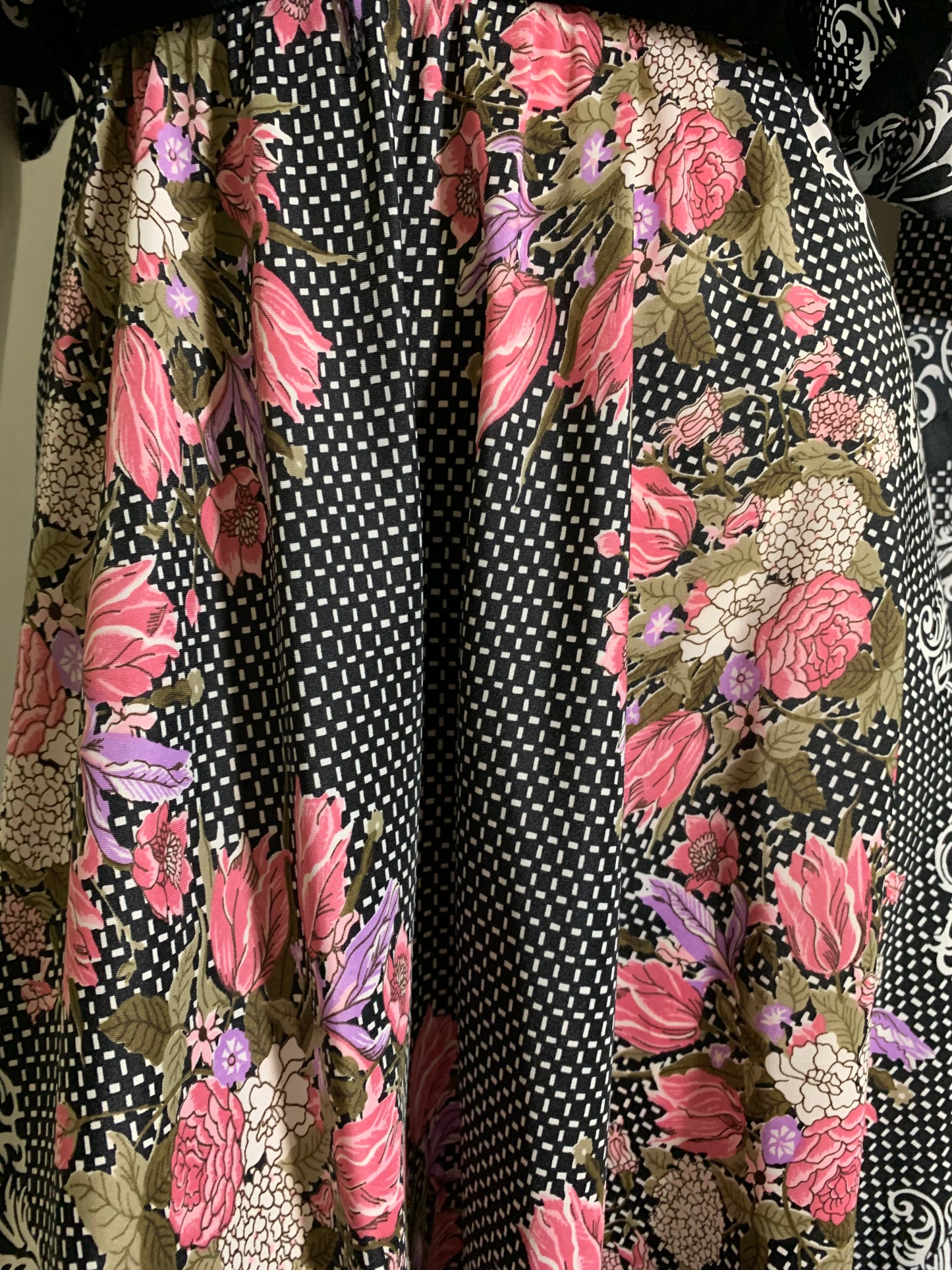 Black and Pink Rose Print Maxi Dress with Peaked Sleeves circa 1970s