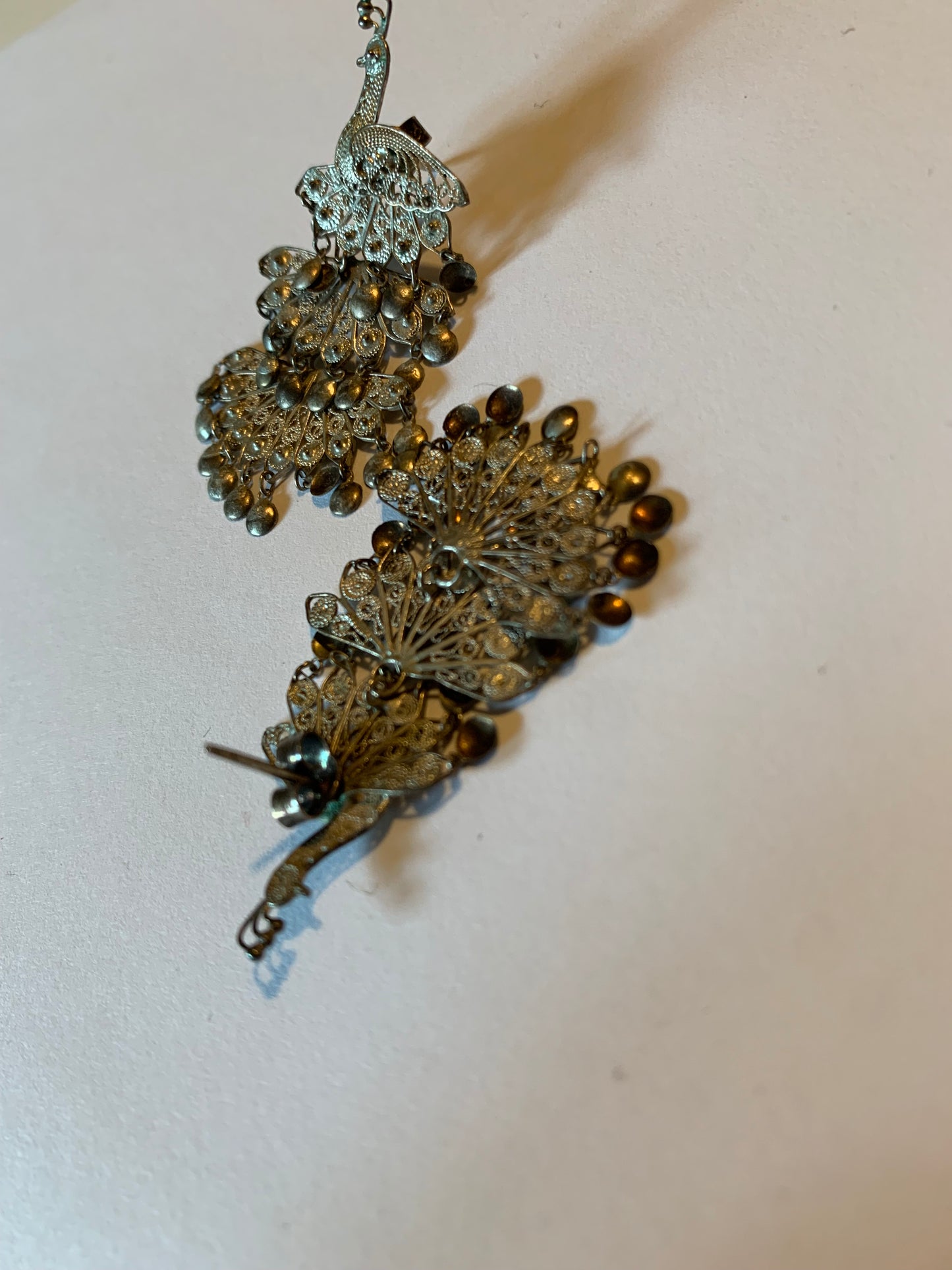 Filigree Thai Sterling Silver Dangling Peacock Pierced Earrings circa 1970s