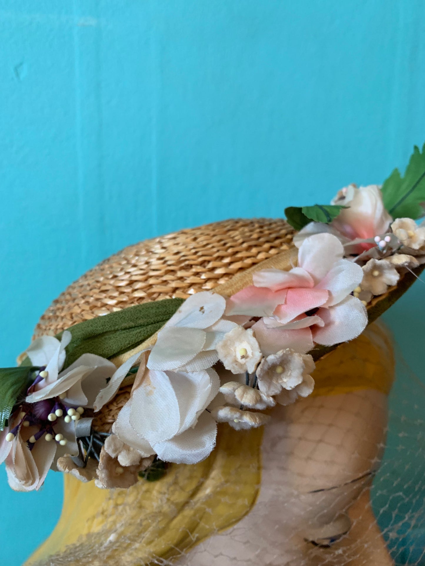 Summery Small Straw Flower Trimmed Hat circa 1950s