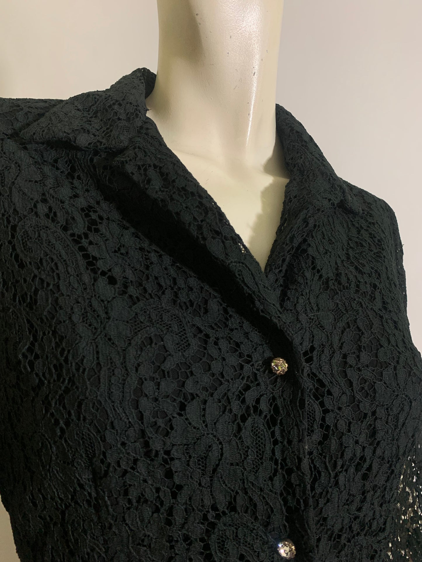 Two Piece Ink Black Lace Blouse and Skirt Dress Set Rhinestones circa 1960s