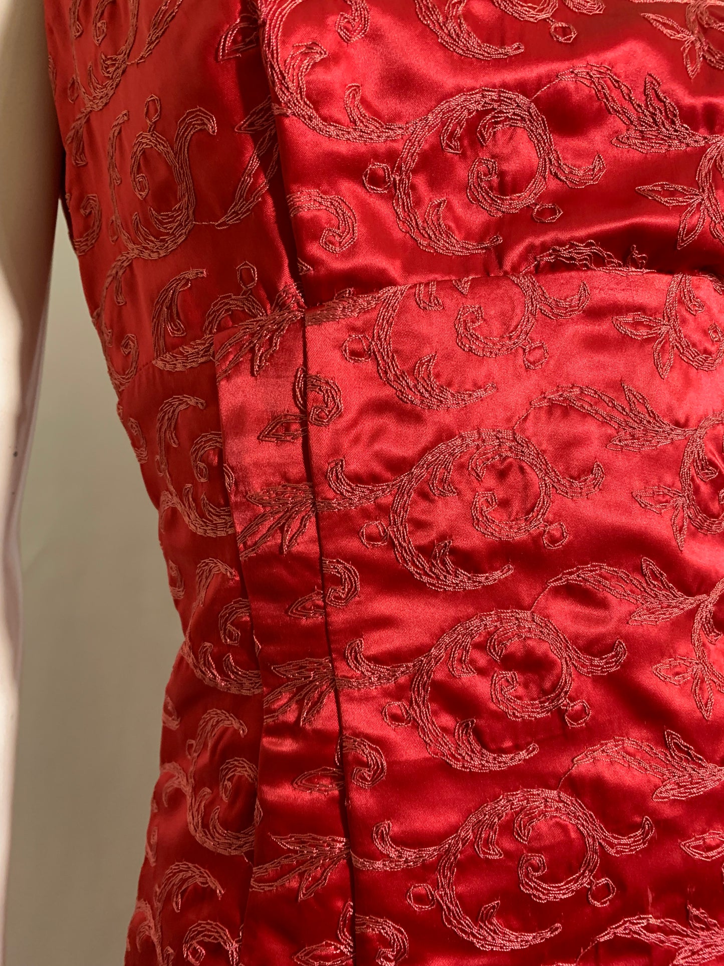 Red Embroidered Slinky Satin Sheath Dress circa 1960s