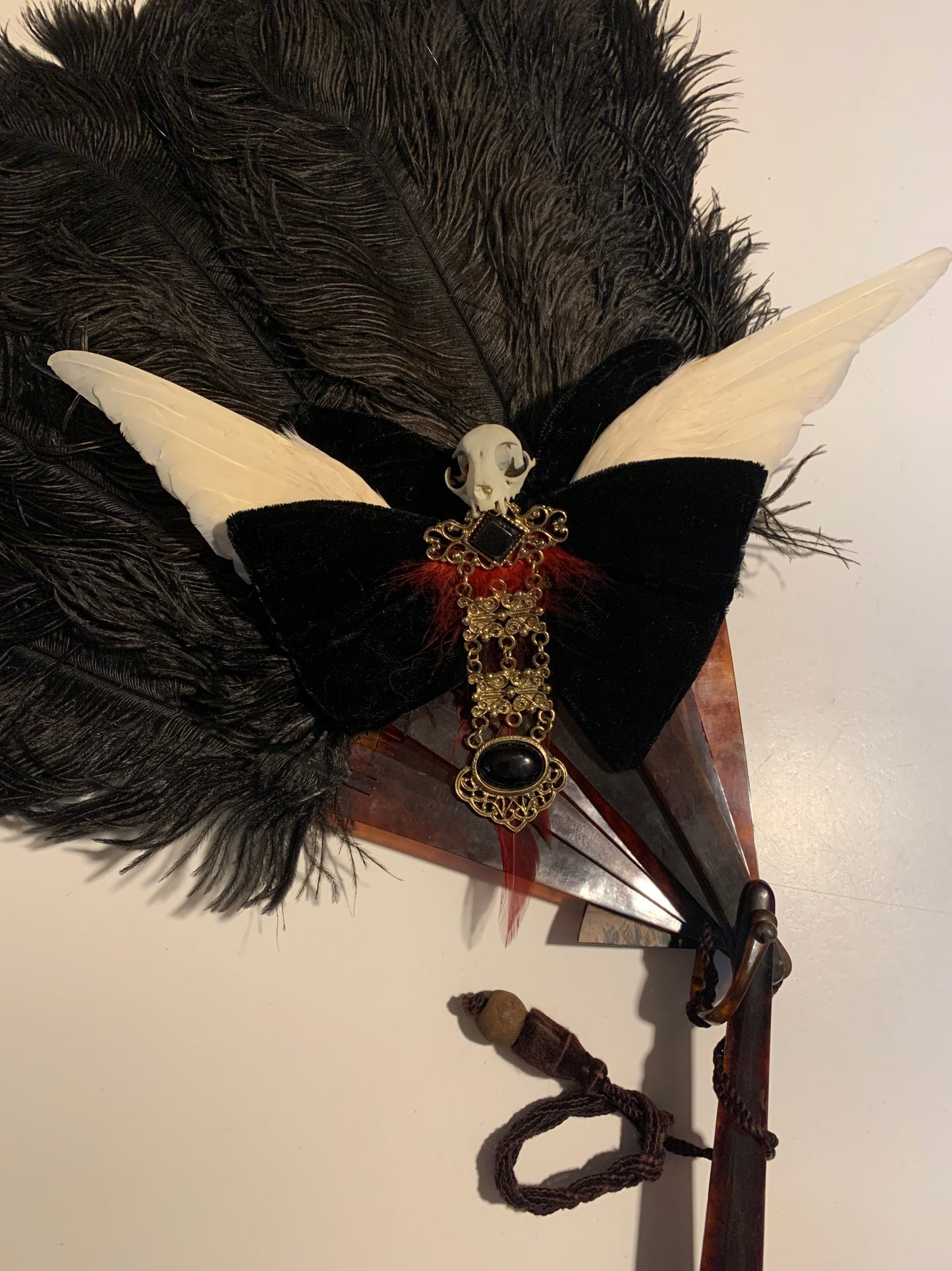 Hellegance Reimagined Black Velvet 1970s Clip on Bow Tie Antique Bird Wings and Skull