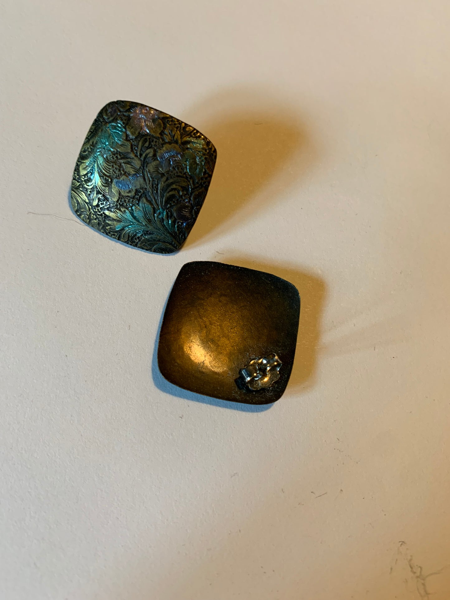 Etched Burnished Copper Pierced Earrings circa 1970s