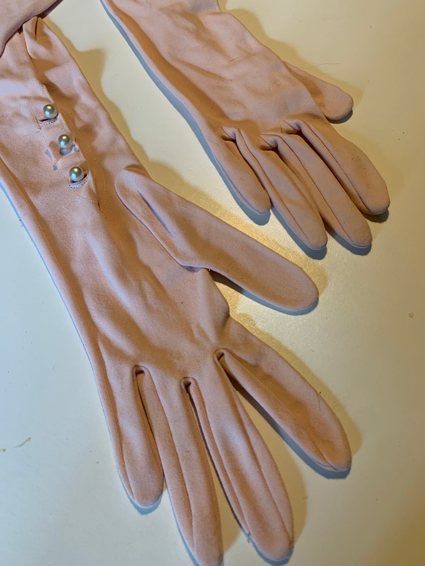 Petal Pink Opera Length Nylon Gloves circa 1960s