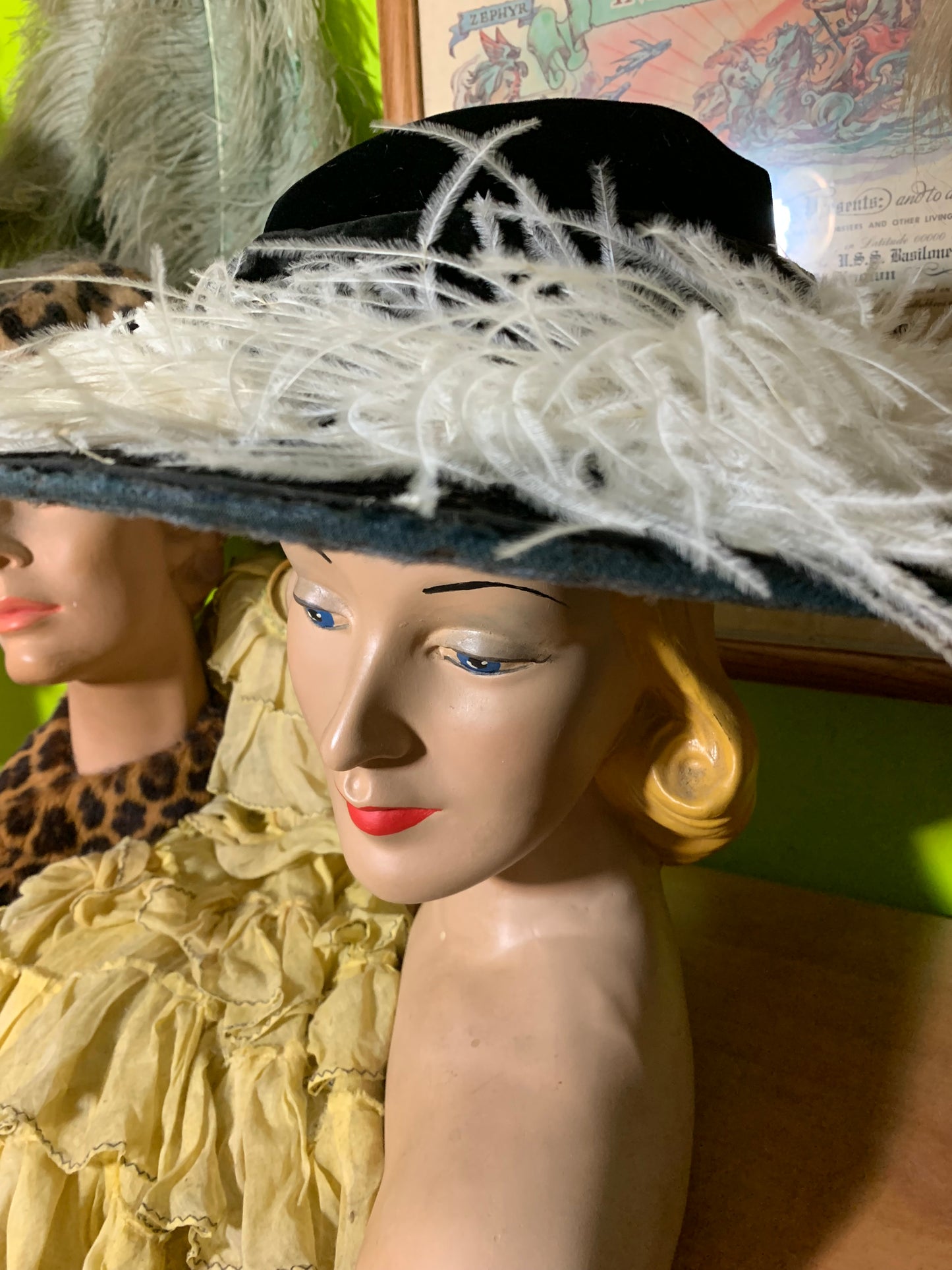 Black Velveteen Wide Brim Hat with Feather circa 1910s