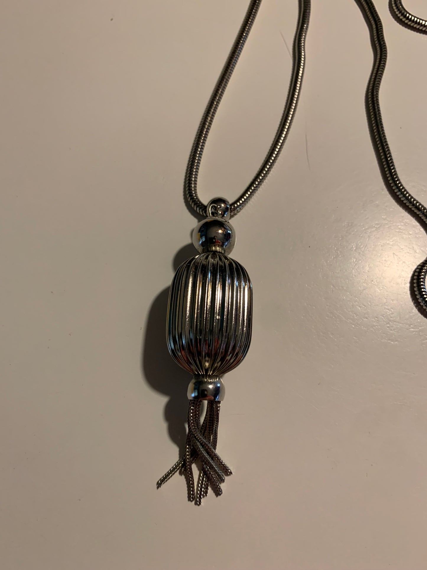 LONG Silver Ribbed Barrel Pendant Necklace with Fringe circa 1970s