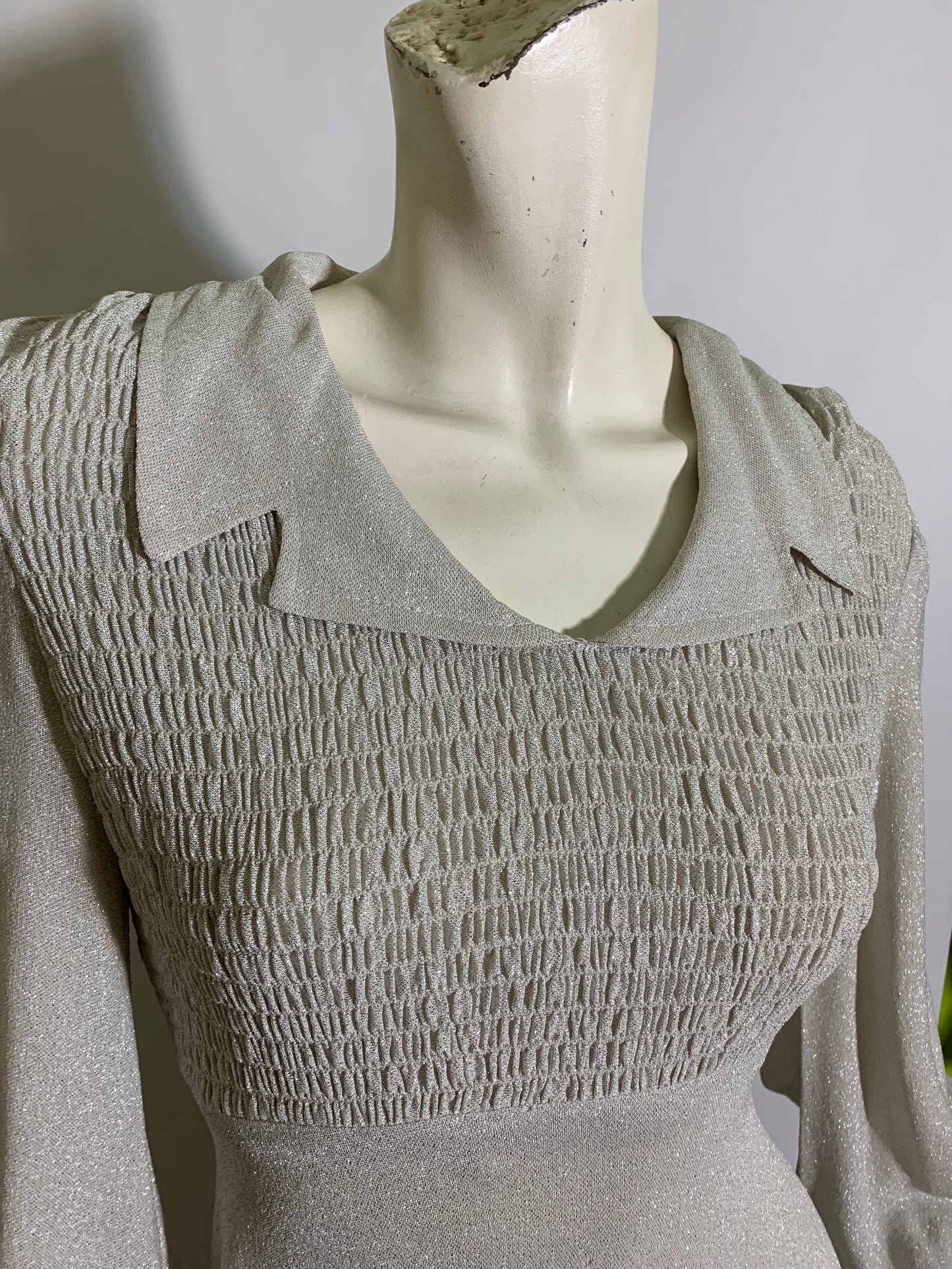 Silver Lurex Smocked Bodice Baby Doll Mini Dress circa 1970s