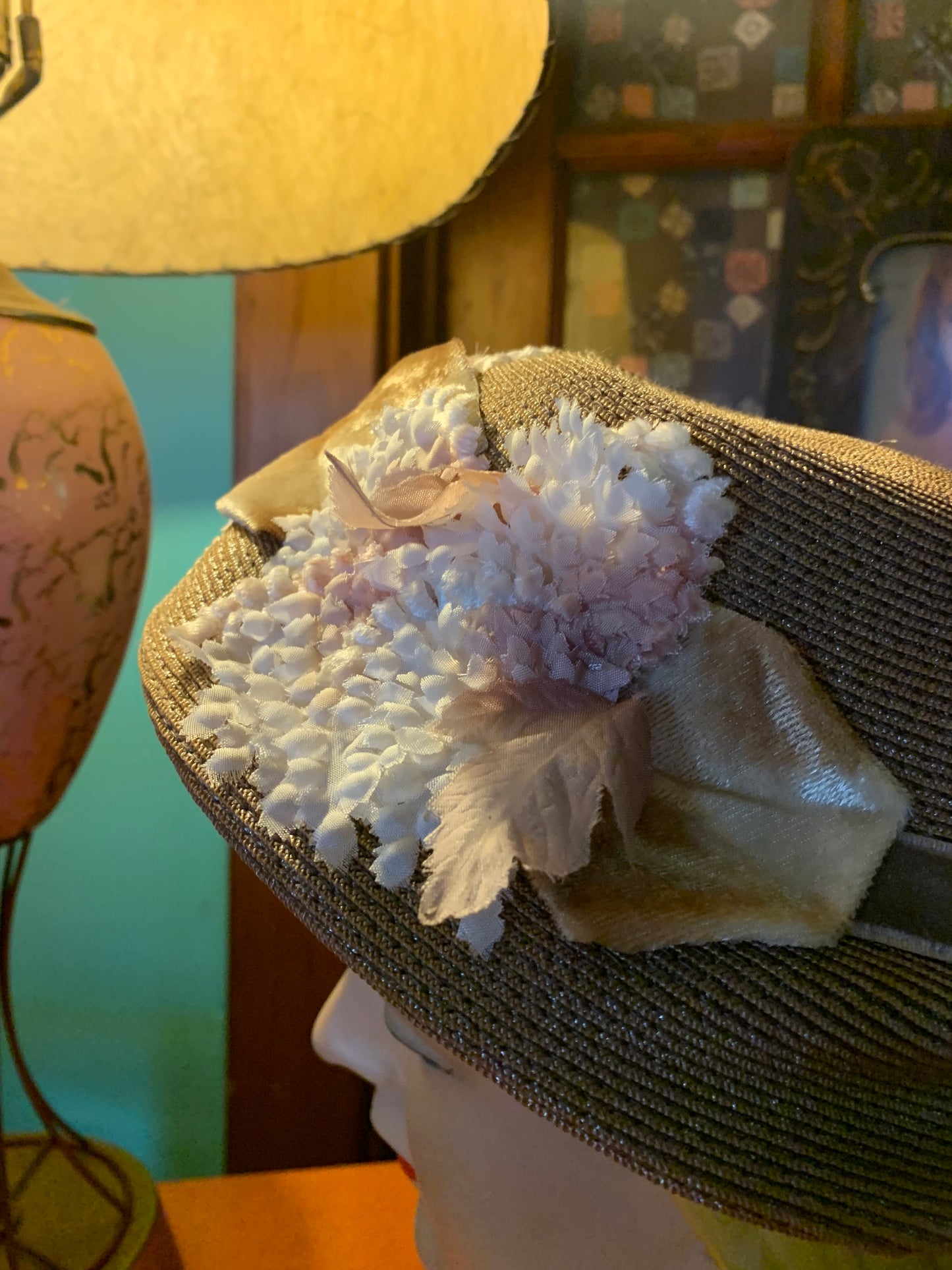 Mocha and Pink Sisal Hat with Velvet Leaves circa 1940s