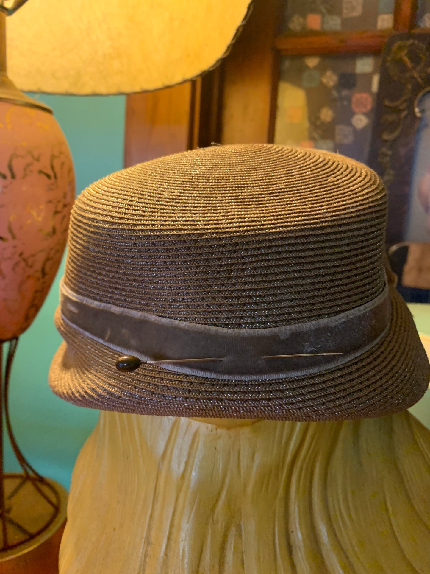 Mocha and Pink Sisal Hat with Velvet Leaves circa 1940s