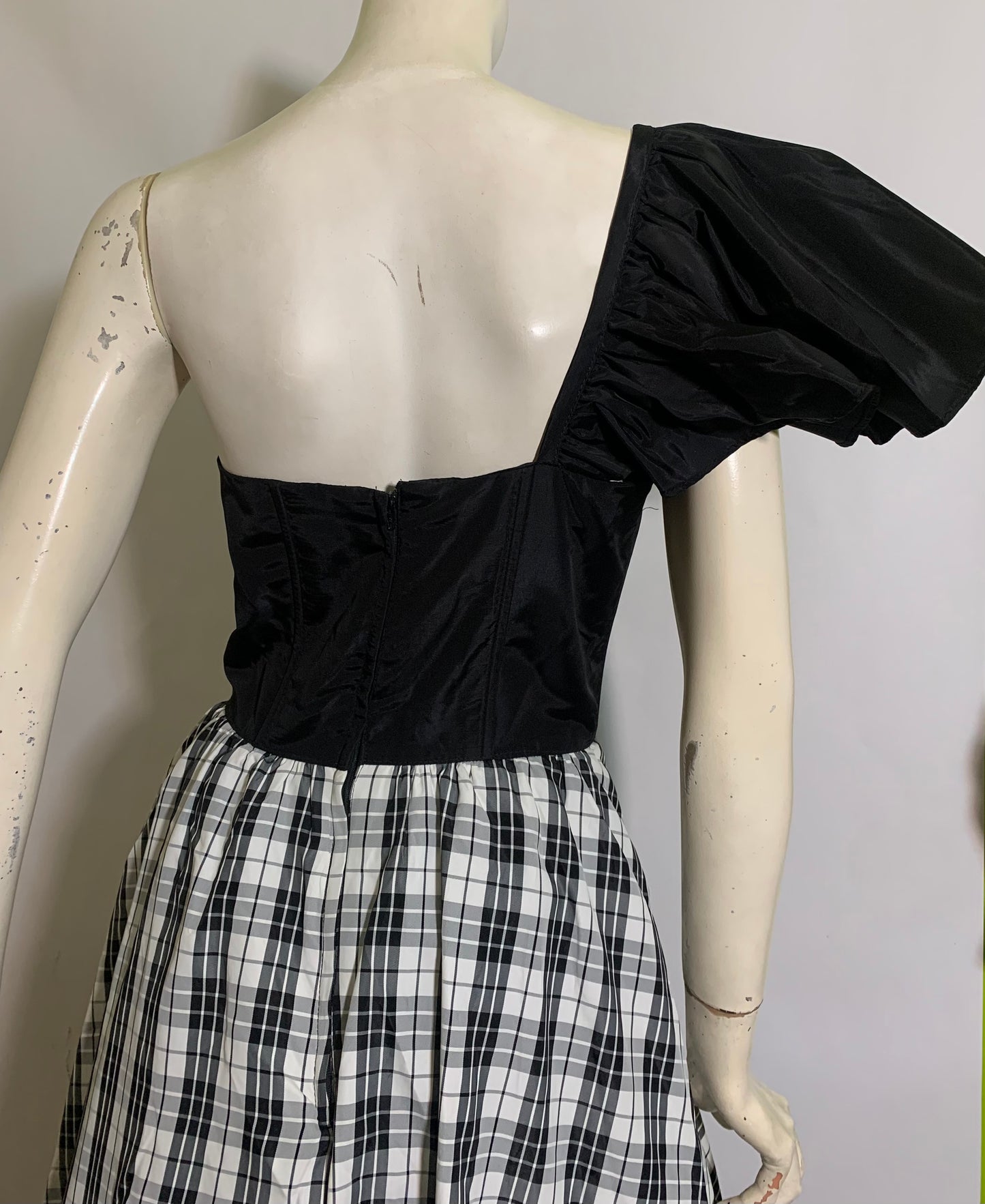 Black and White Taffeta One Shoulder Party Dress with Plaid Skirt circa 1980s Gunne Sax