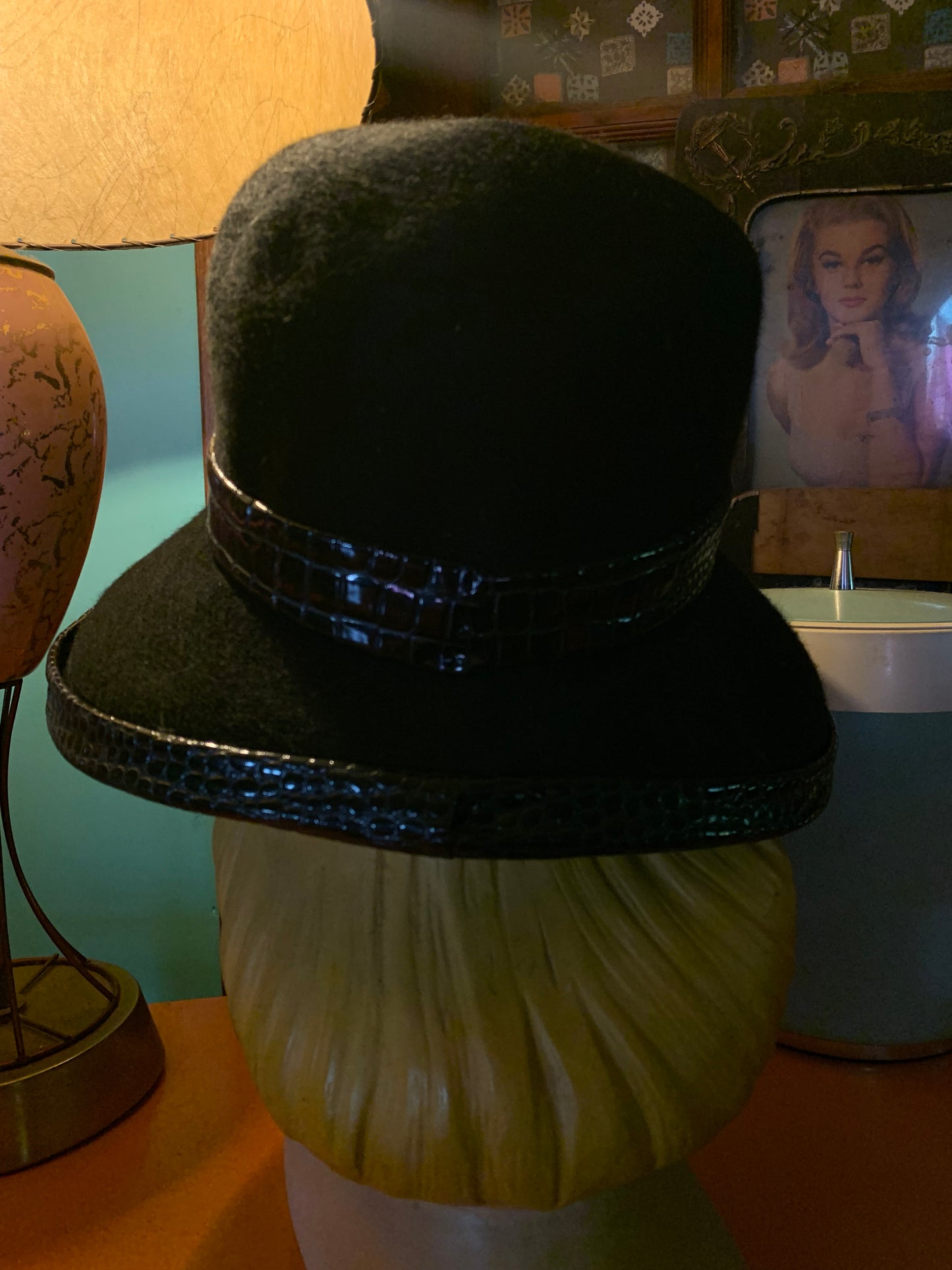 Classic Black Felted Wool Curved Brim Dome Hat with Faux Alligator Trim circa 1960s