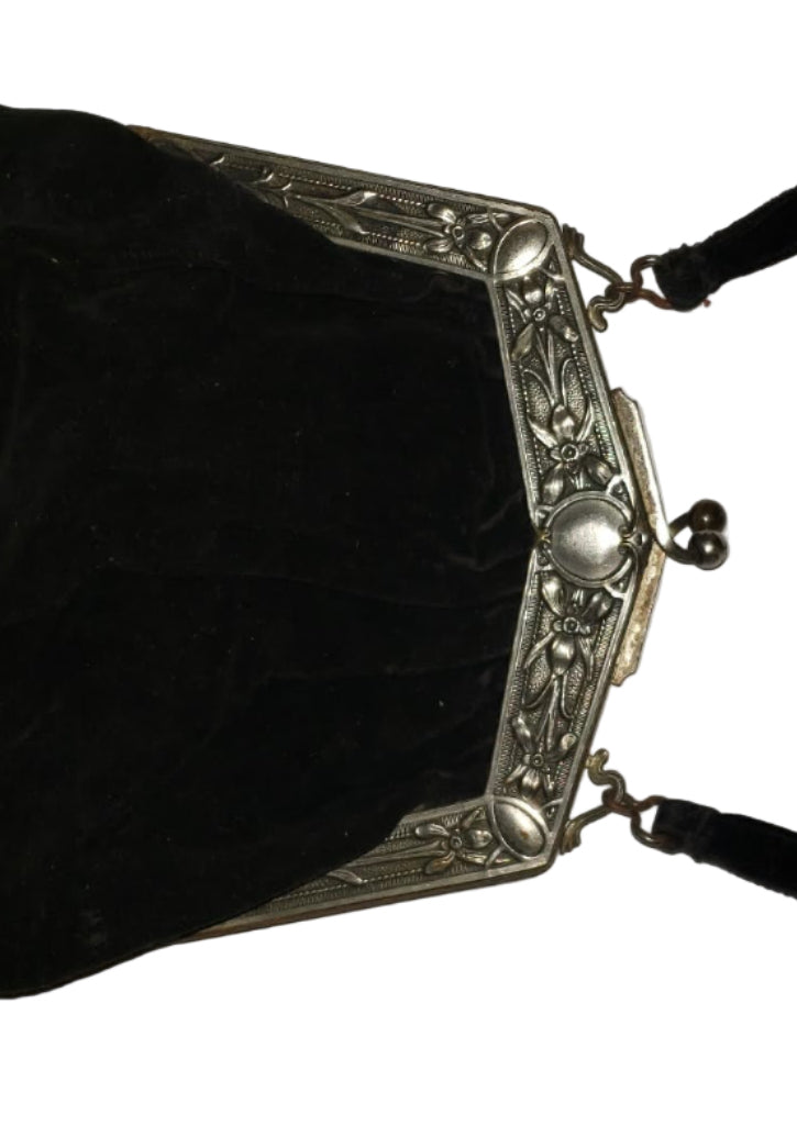 Elegant Metal Frame Black Cotton Velvet Handbag circa 1910s