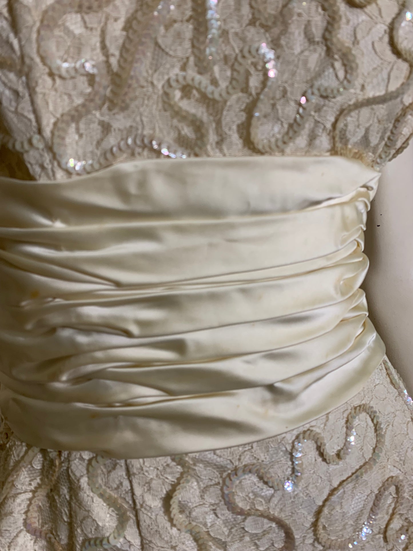 Pale Ivory Lace and Sequin Cocktail Dress with Satin Waist and Bow Back circa 1950s