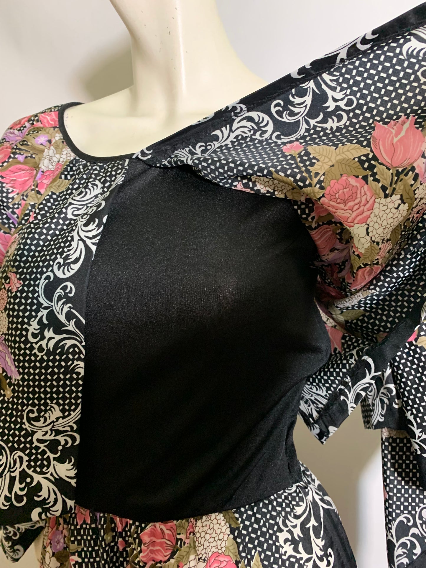 Black and Pink Rose Print Maxi Dress with Peaked Sleeves circa 1970s