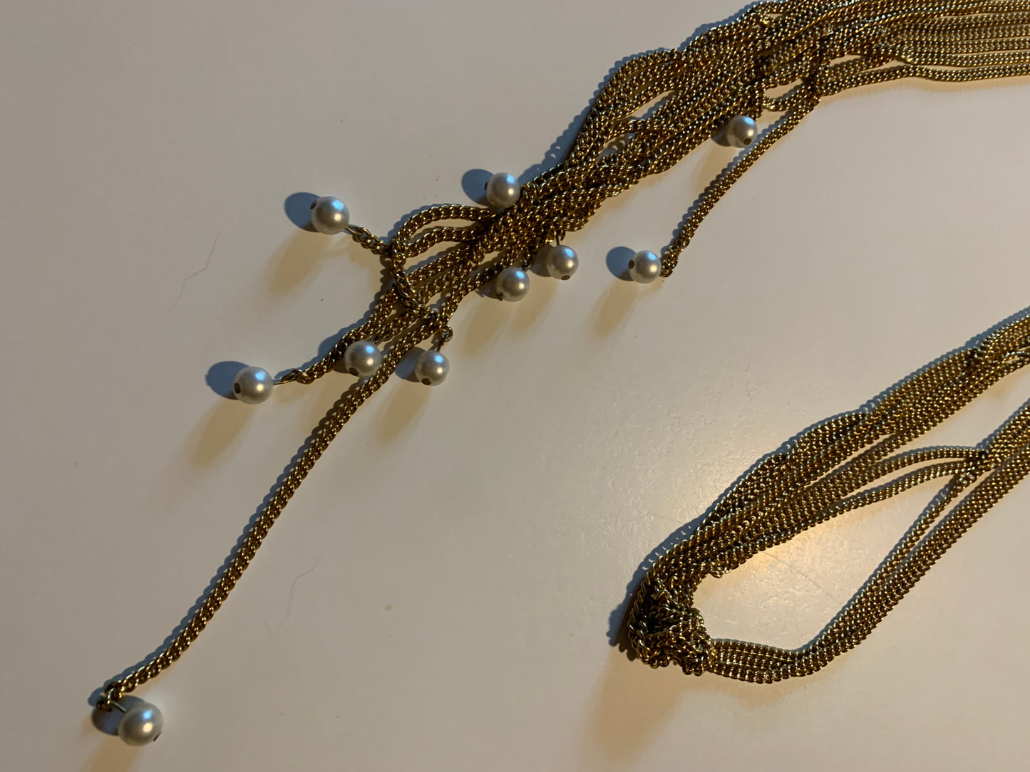 Multistrand Sautoir Style Chain Necklace with Faux Pearls Necklace circa 1960s