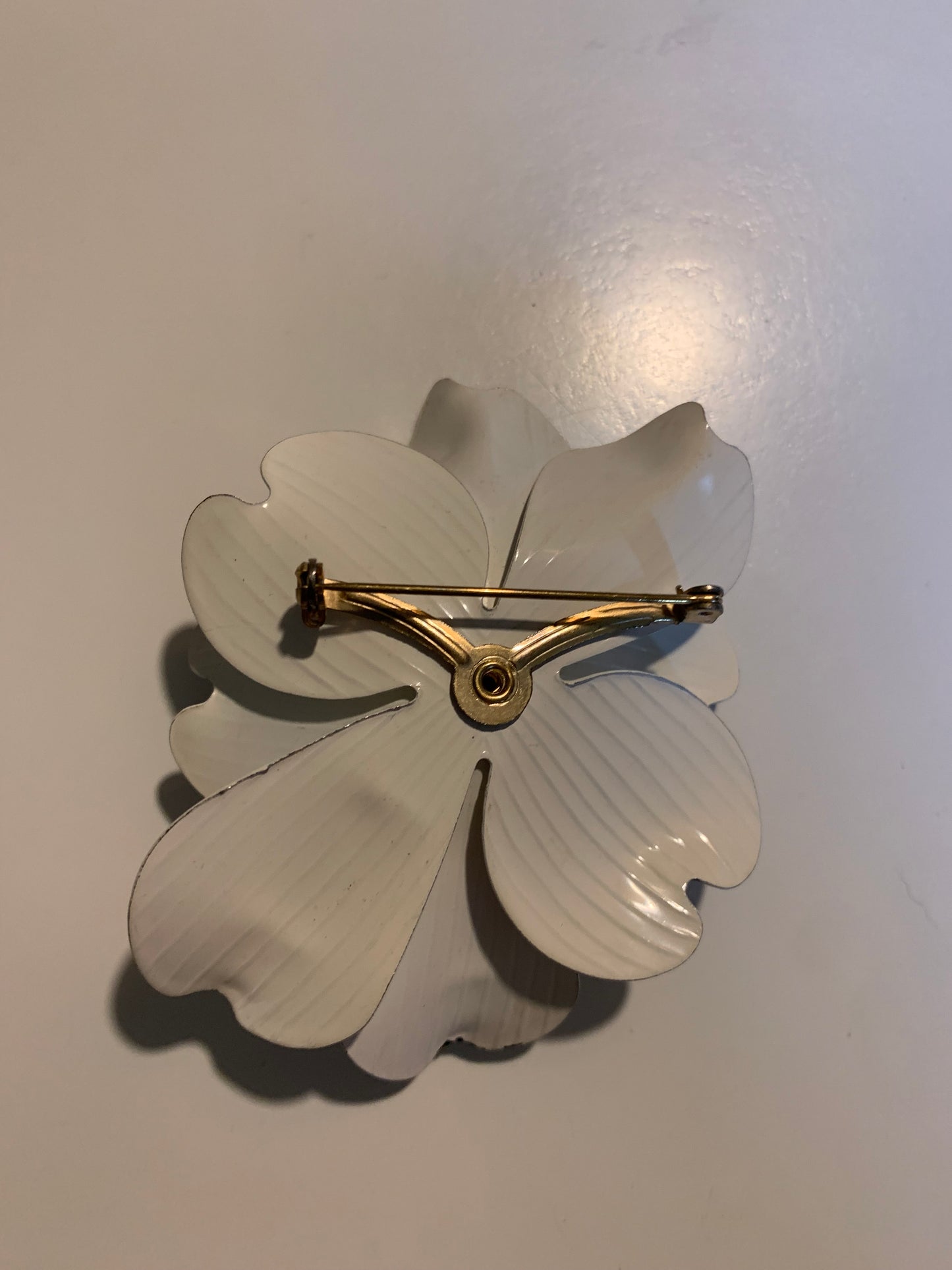 BIG Stylized White and Brown Enameled Magnolia Flower Brooch circa 1960s