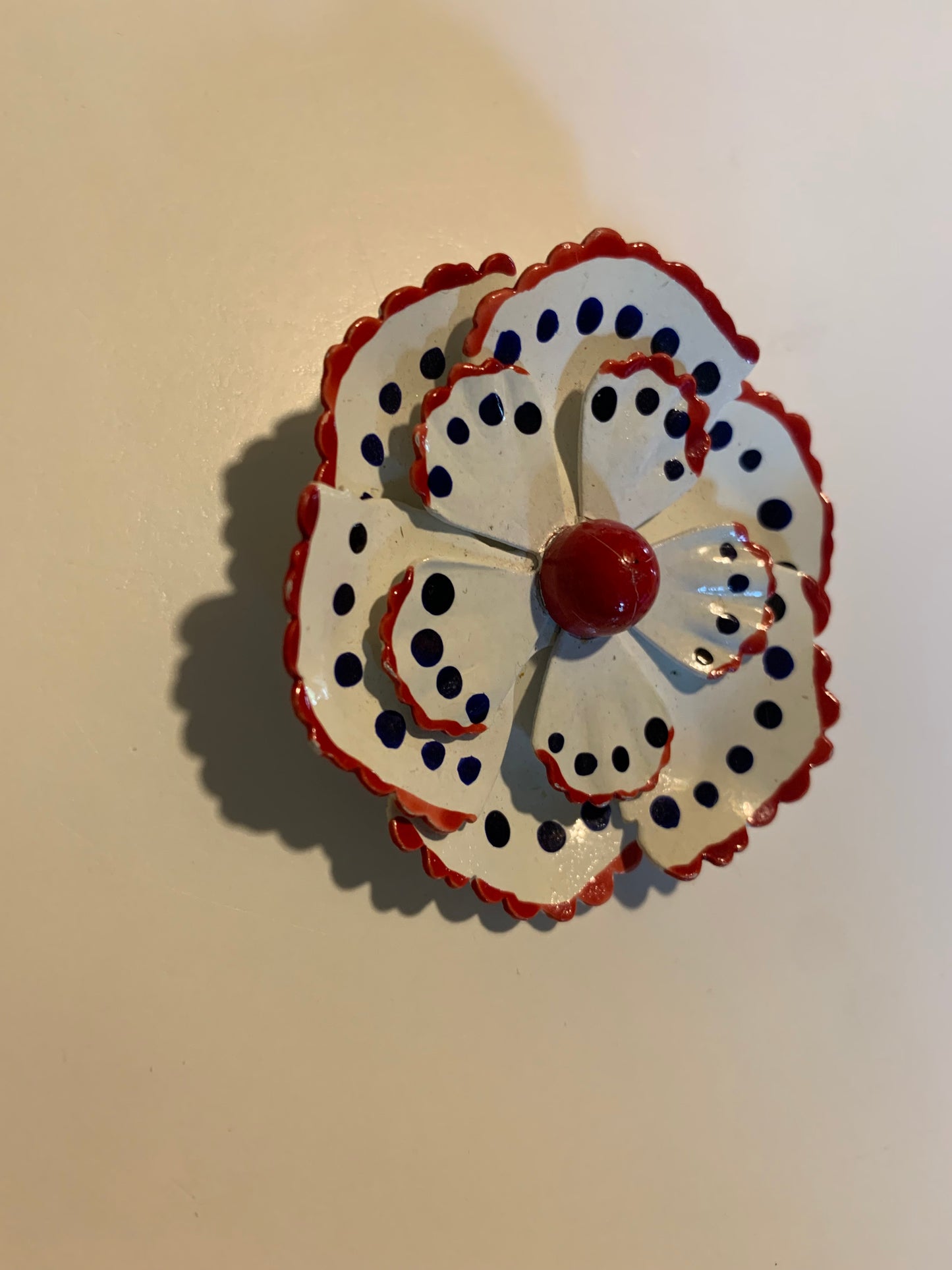 Patriotic Red, White and Blue Enameled Flower Brooch circa 1960s