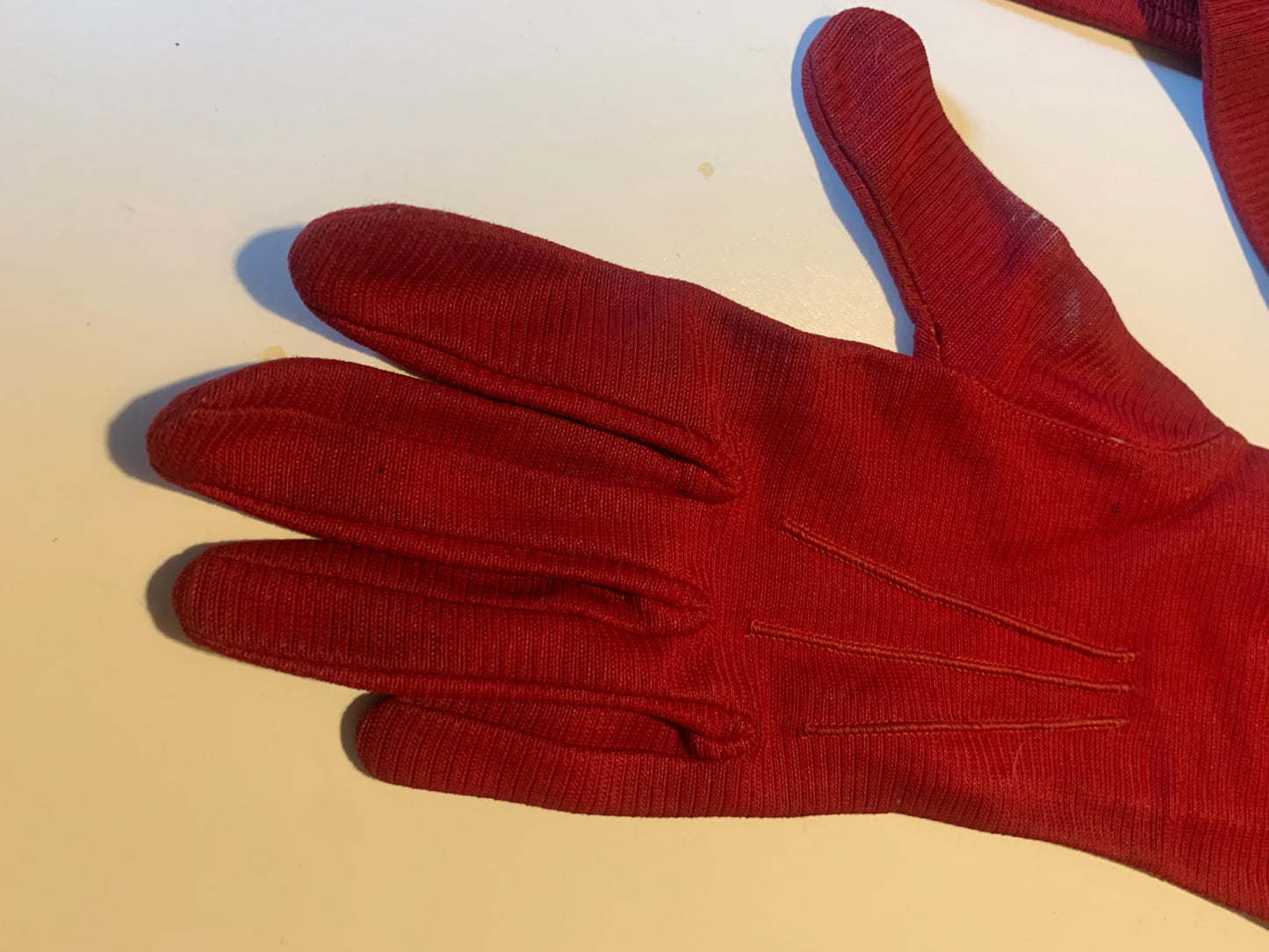 Deep Red Ribbed Nylon Gloves circa 1940s