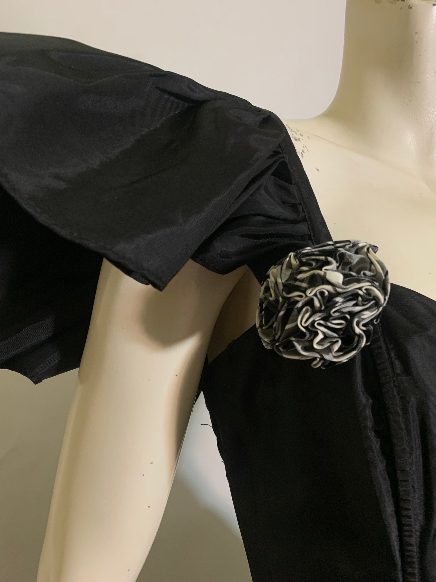 Black and White Taffeta One Shoulder Party Dress with Plaid Skirt circa 1980s Gunne Sax
