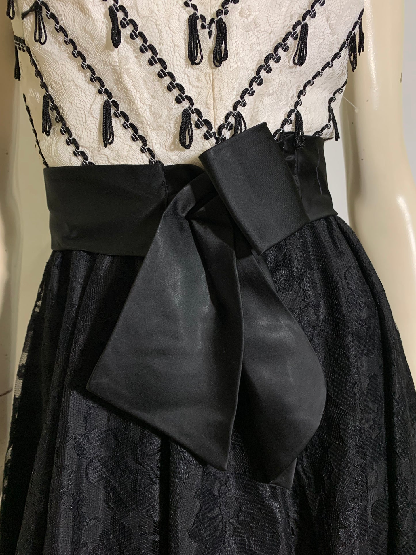 Sassy Little Black and White Mini Cocktail Dress with Loop Tassels on Lace Bodice circa 1960s