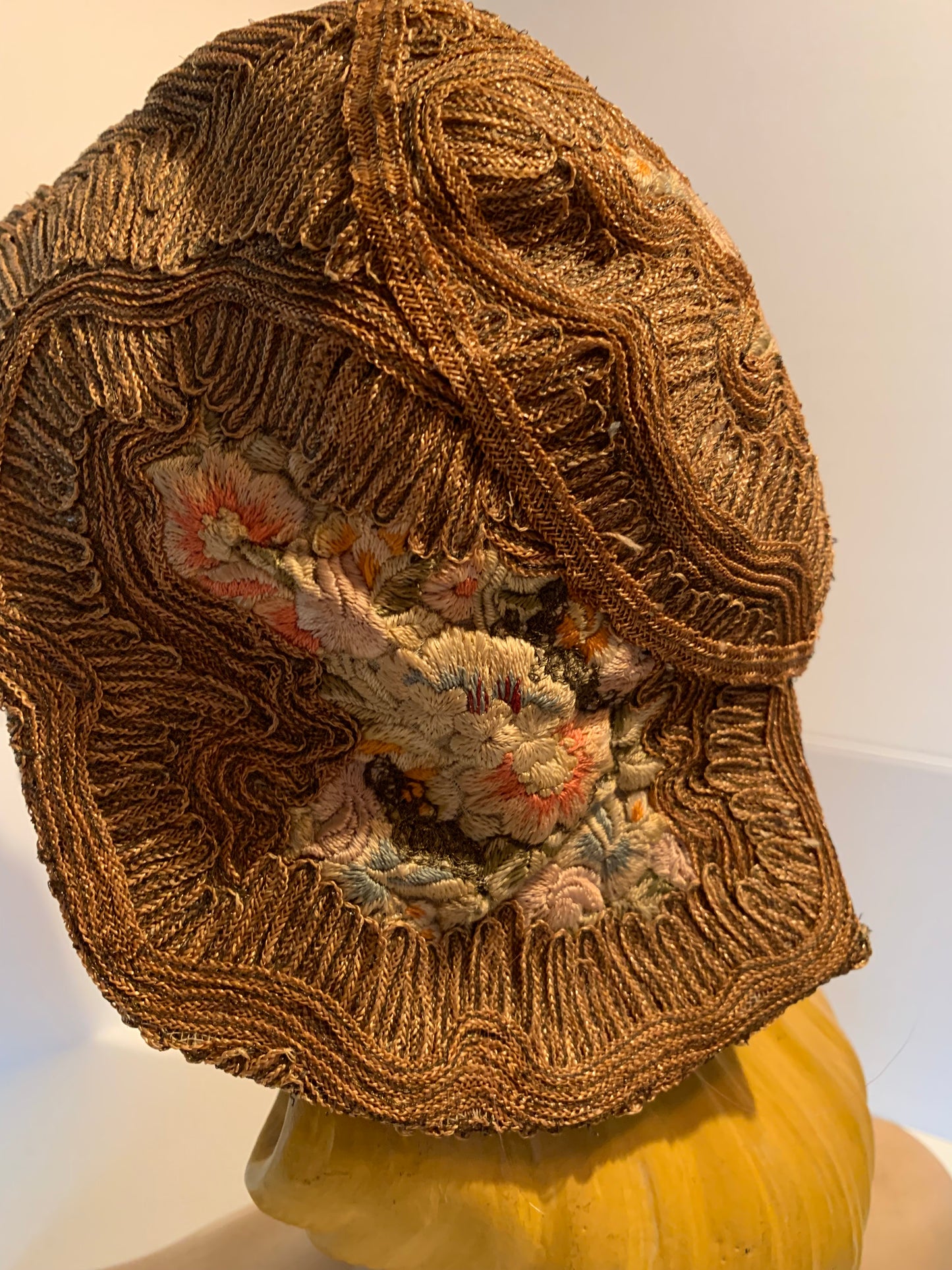 RESERVED Pastel Flower Embroidered Natural Sisal Cloche Hat circa 1920s