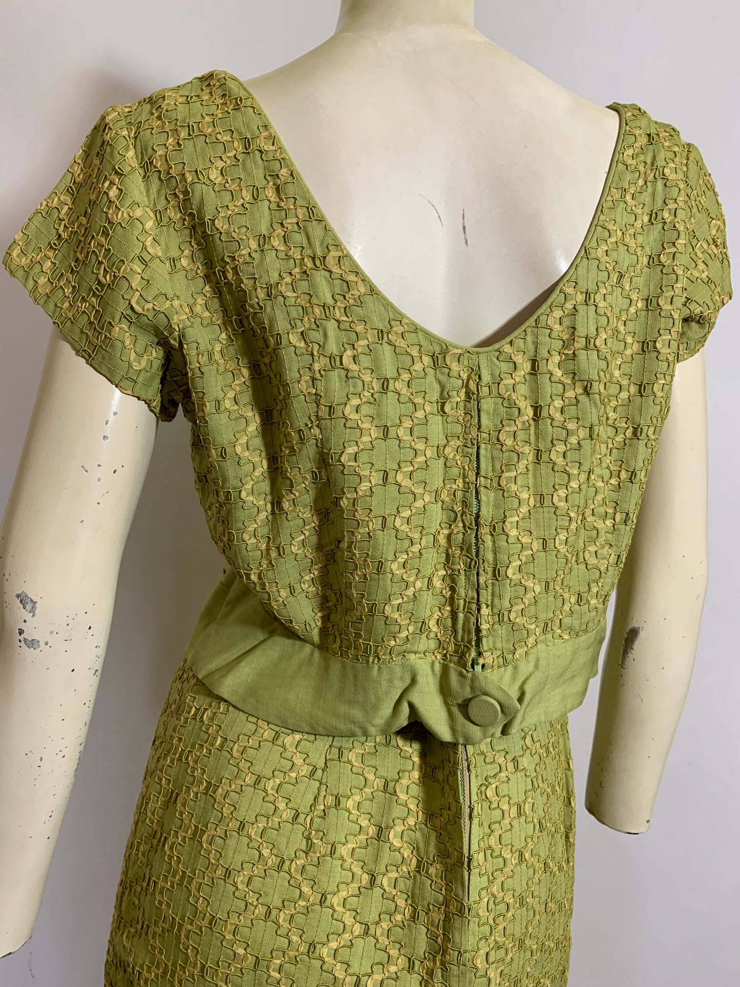 Pea Green Linen Weave Ribbon Embroidered 2 Pc Dress Set circa 1960s