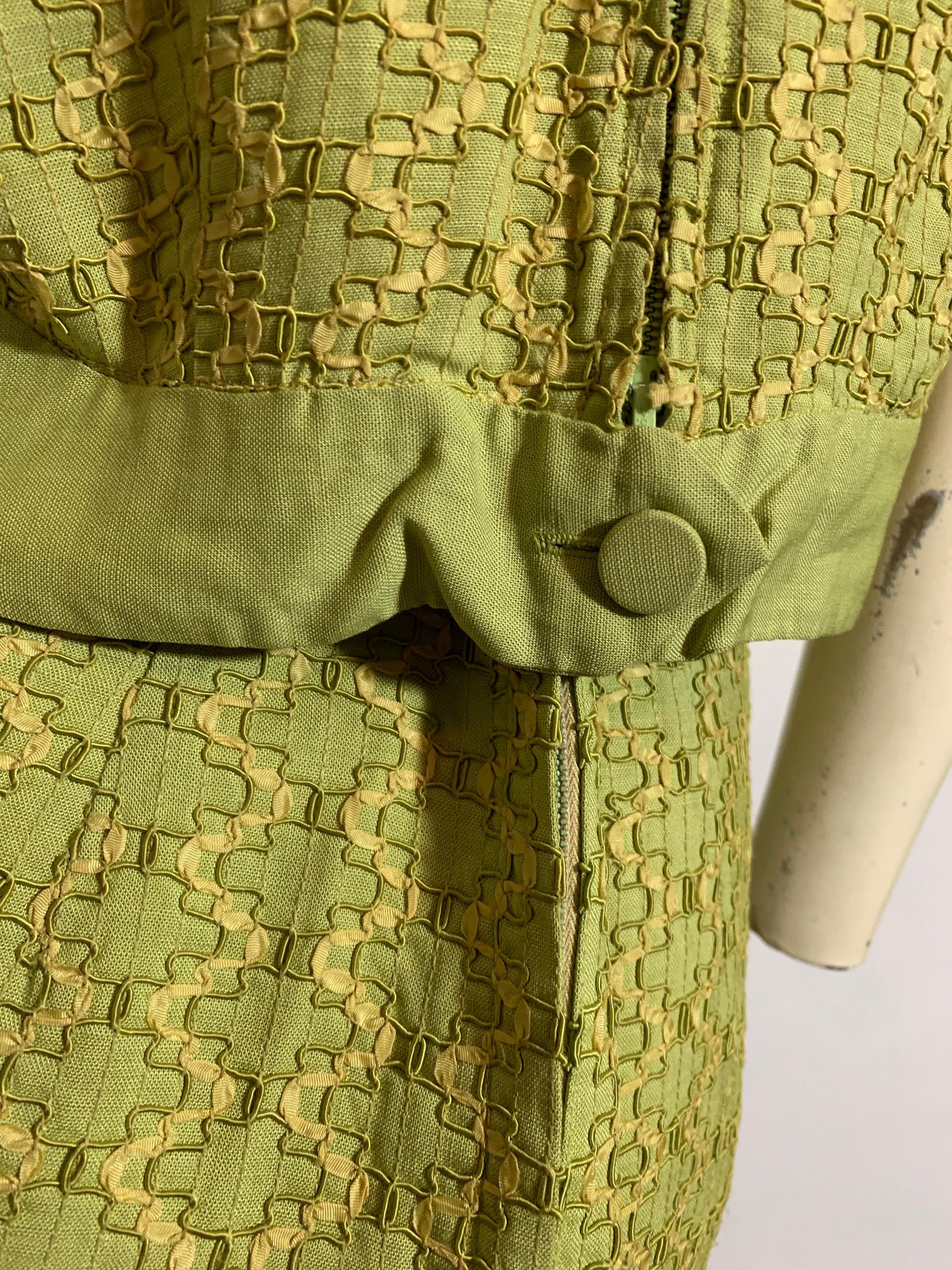 Pea Green Linen Weave Ribbon Embroidered 2 Pc Dress Set circa 1960s