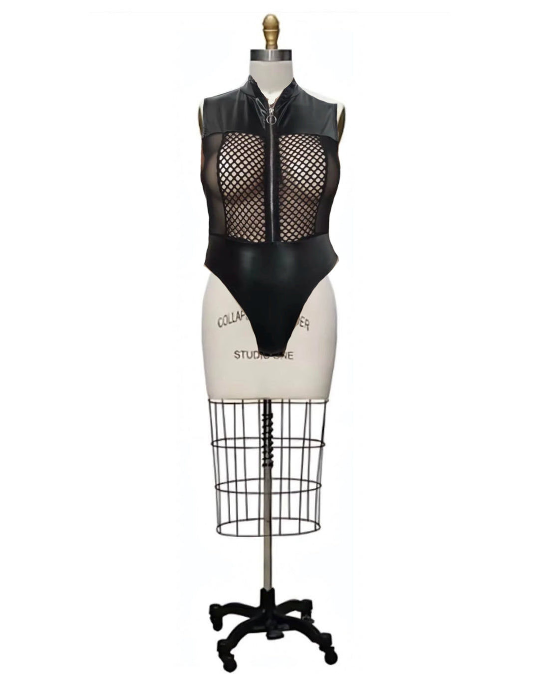 O-Ring- the Mesh Paneled Faux Leather Zip Front Bodysuit Plus