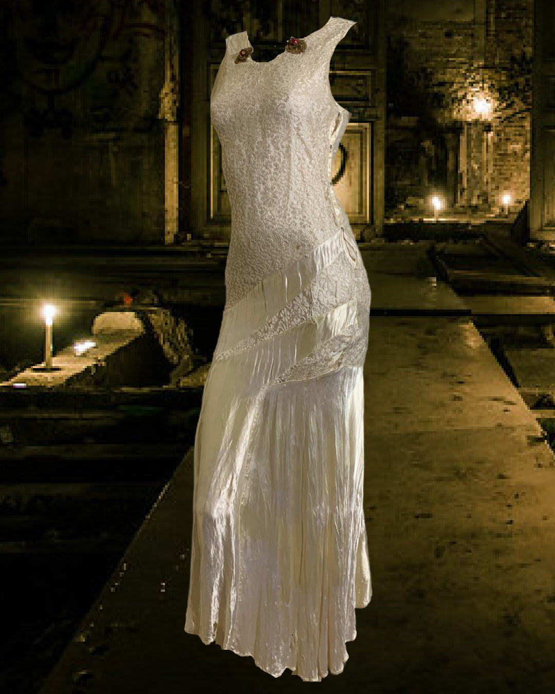White Bias Cut Satin and Lace Dress circa 1930s White Bias Cut Satin and Lace Dress circa 1930s