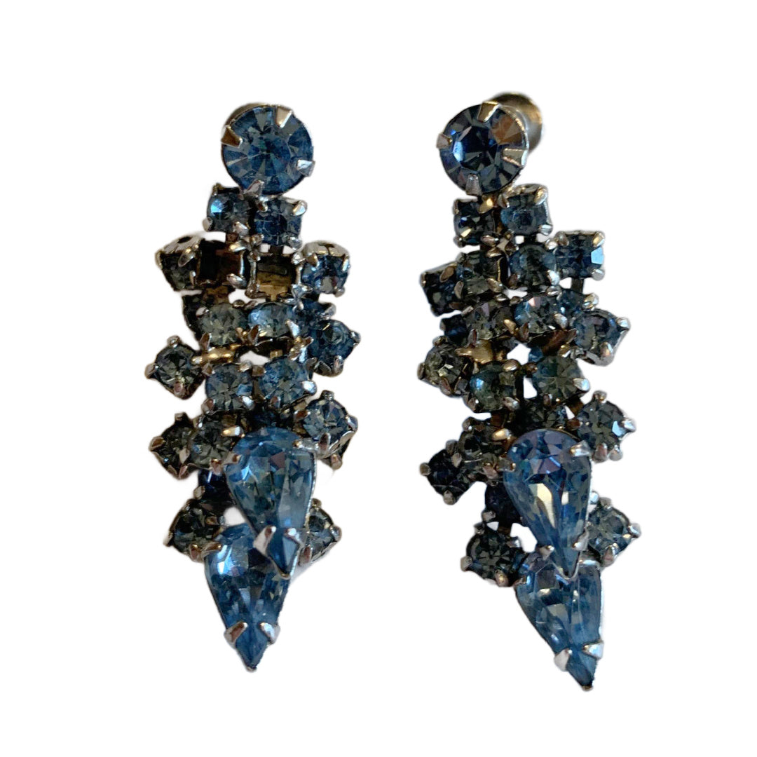 Light Blue Rhinestone Screw Back Clip Earrings circa 1950s