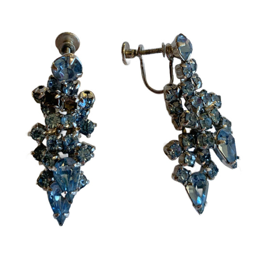 Light Blue Rhinestone Screw Back Clip Earrings circa 1950s