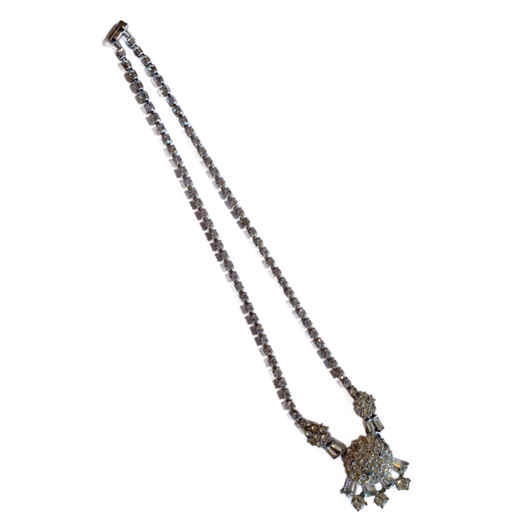 Elegant Clear Rhinestone Necklace with Round Pendant circa 1940s