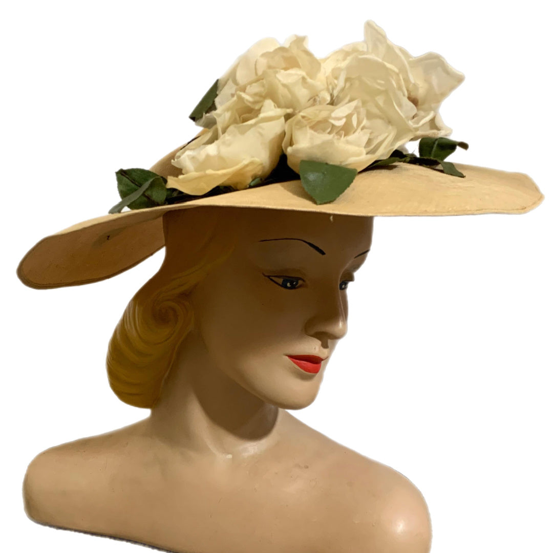 Natural Colored Open Crown Wide Brim Hat with Roses circa 1940s