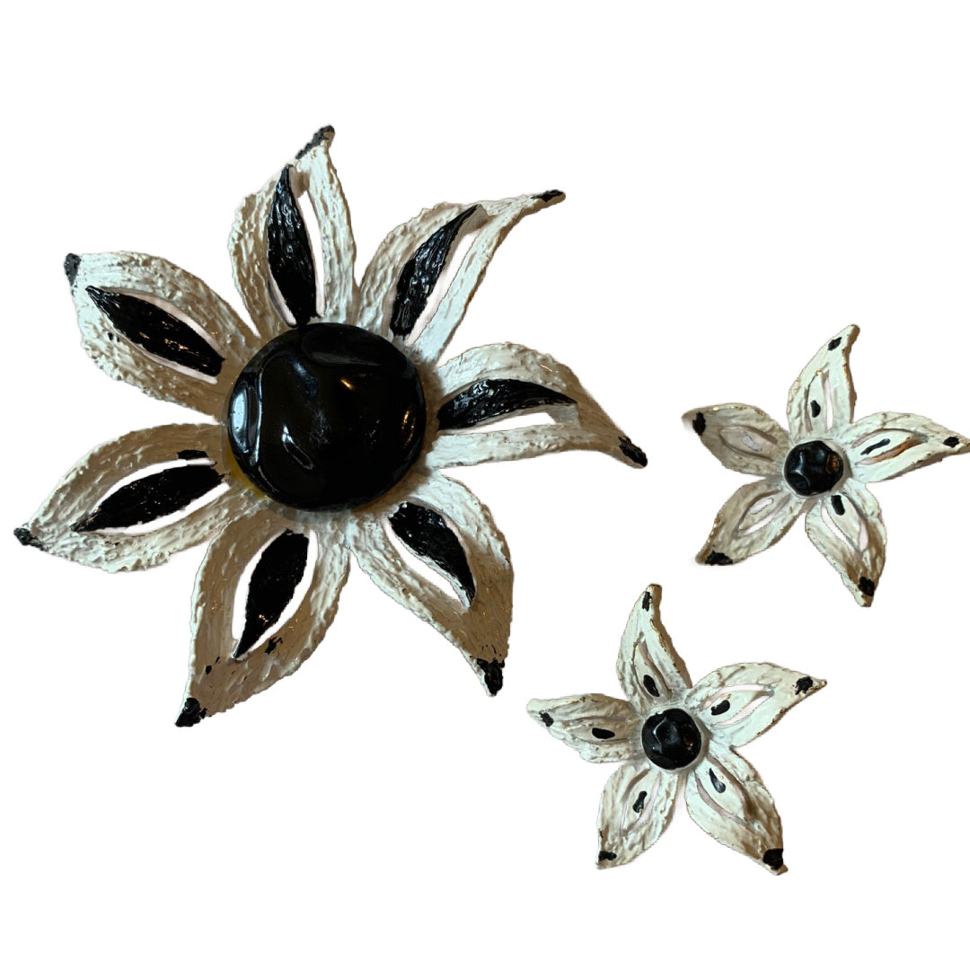 MOD Black and White Etched Metal Flower and Earrings Demi Set circa 1960s
