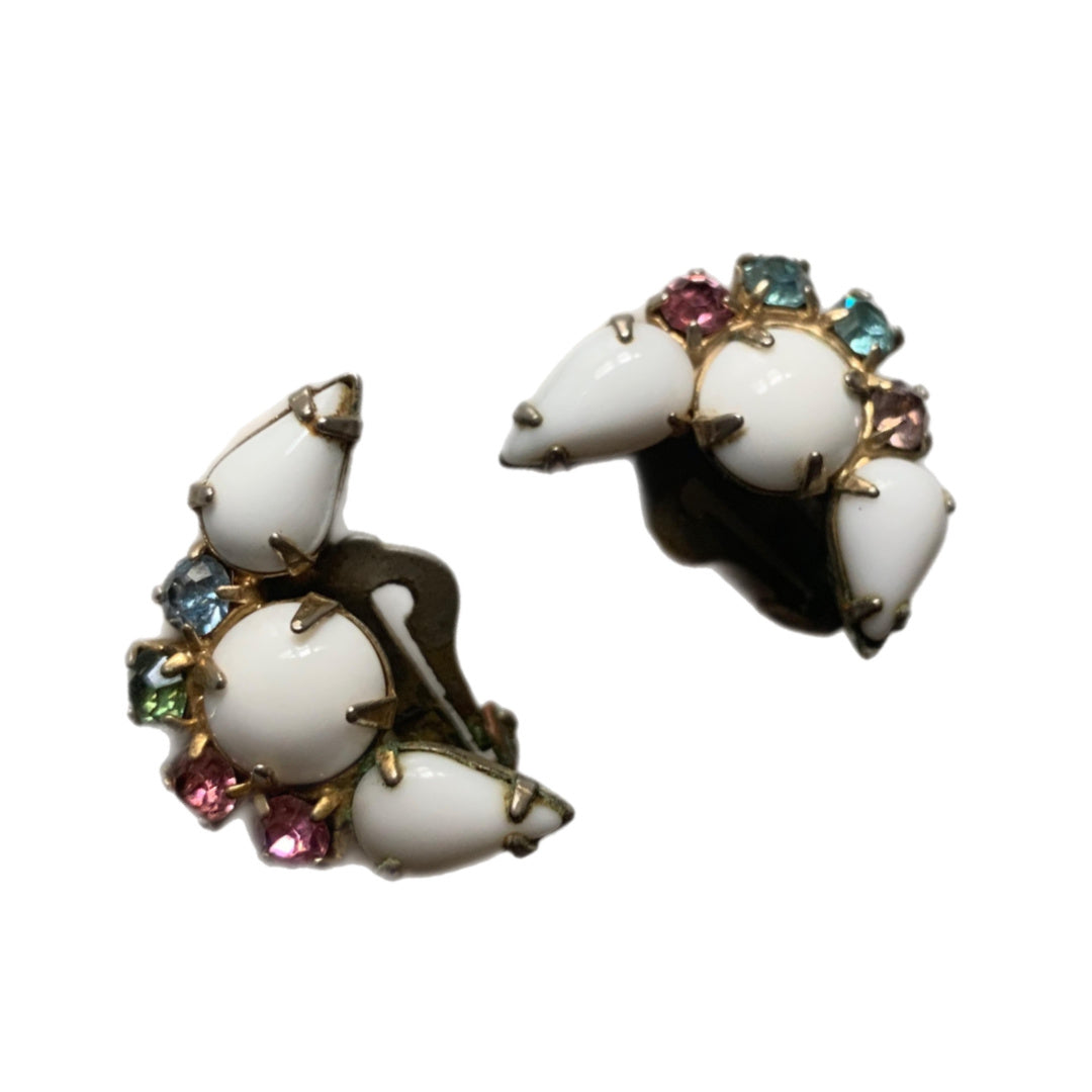 White Glass and Pastel Rhinestone Clip Earrings circa 1950s