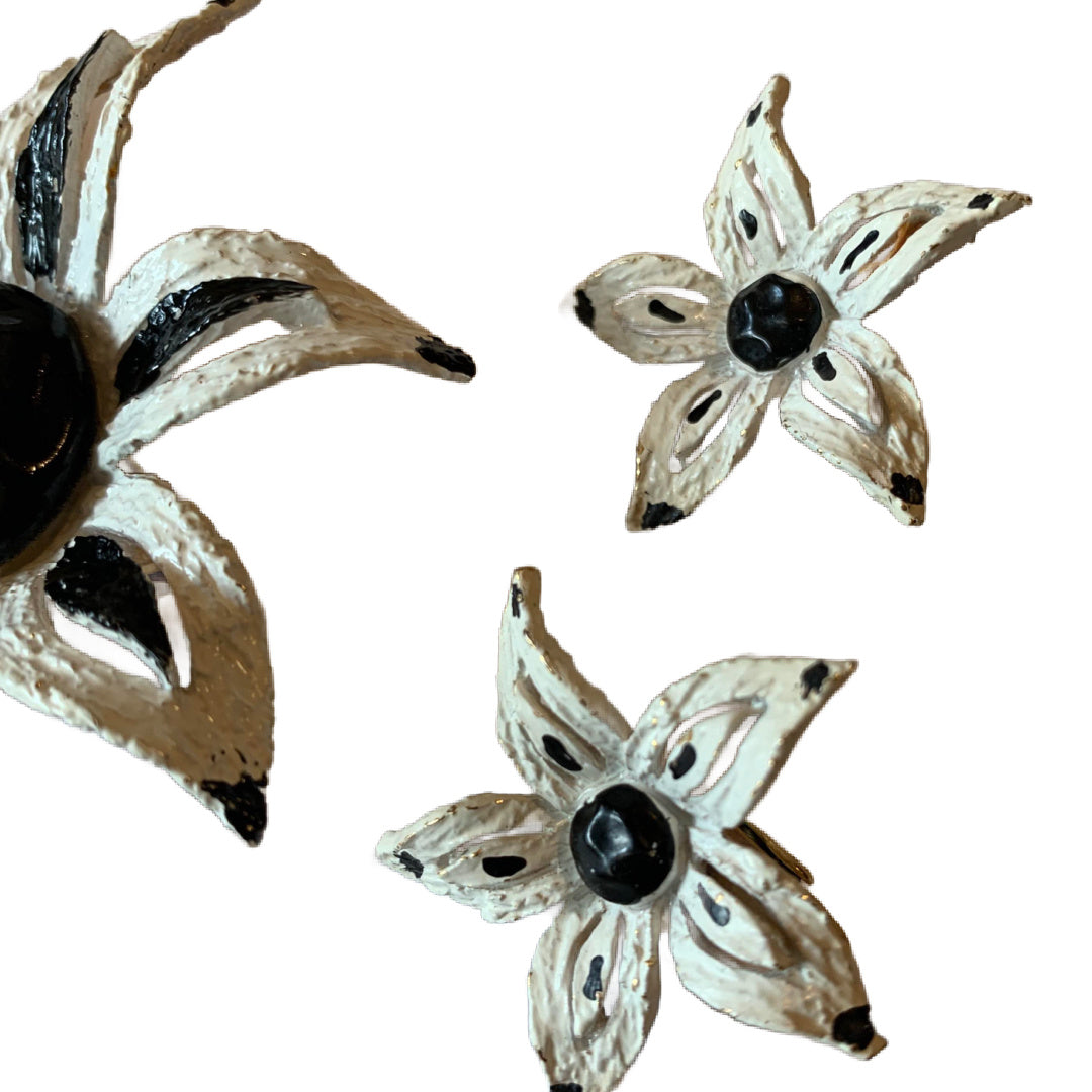 Black and White Etched Metal Flower and Earrings Set circa 1960s