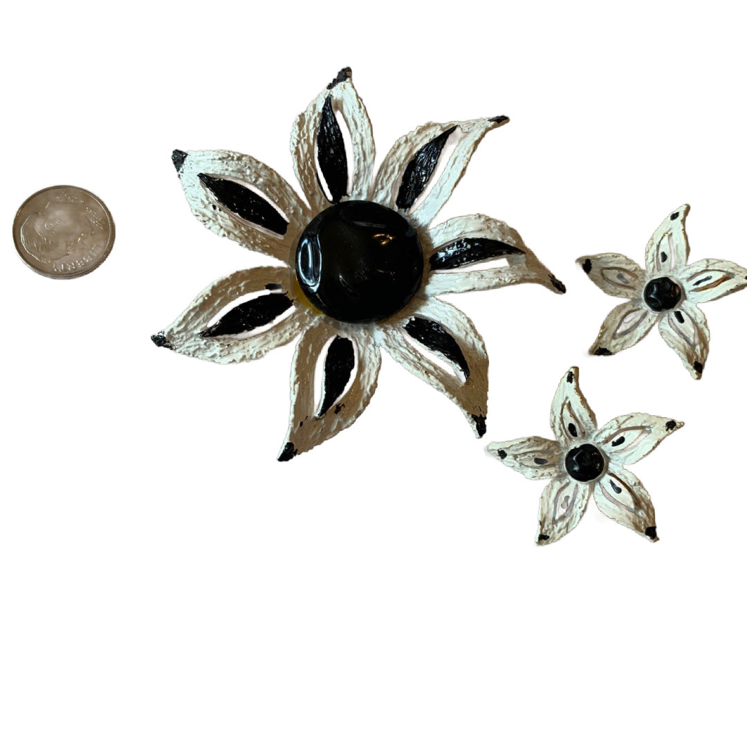 MOD Black and White Etched Metal Flower and Earrings Demi Set circa 1960s
