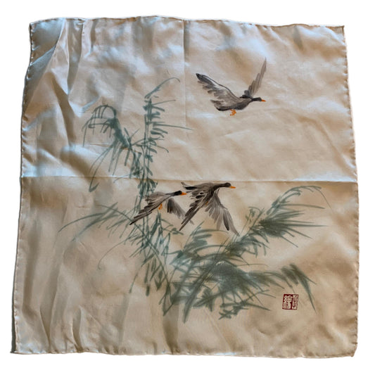 Japanese Painted Silk Flying Ducks Handkerchief circa 1940s