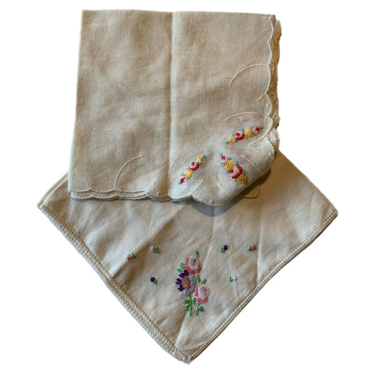 Dainty Floral Cross Stitched Handkerchiefs Lot 2 circa 1940s