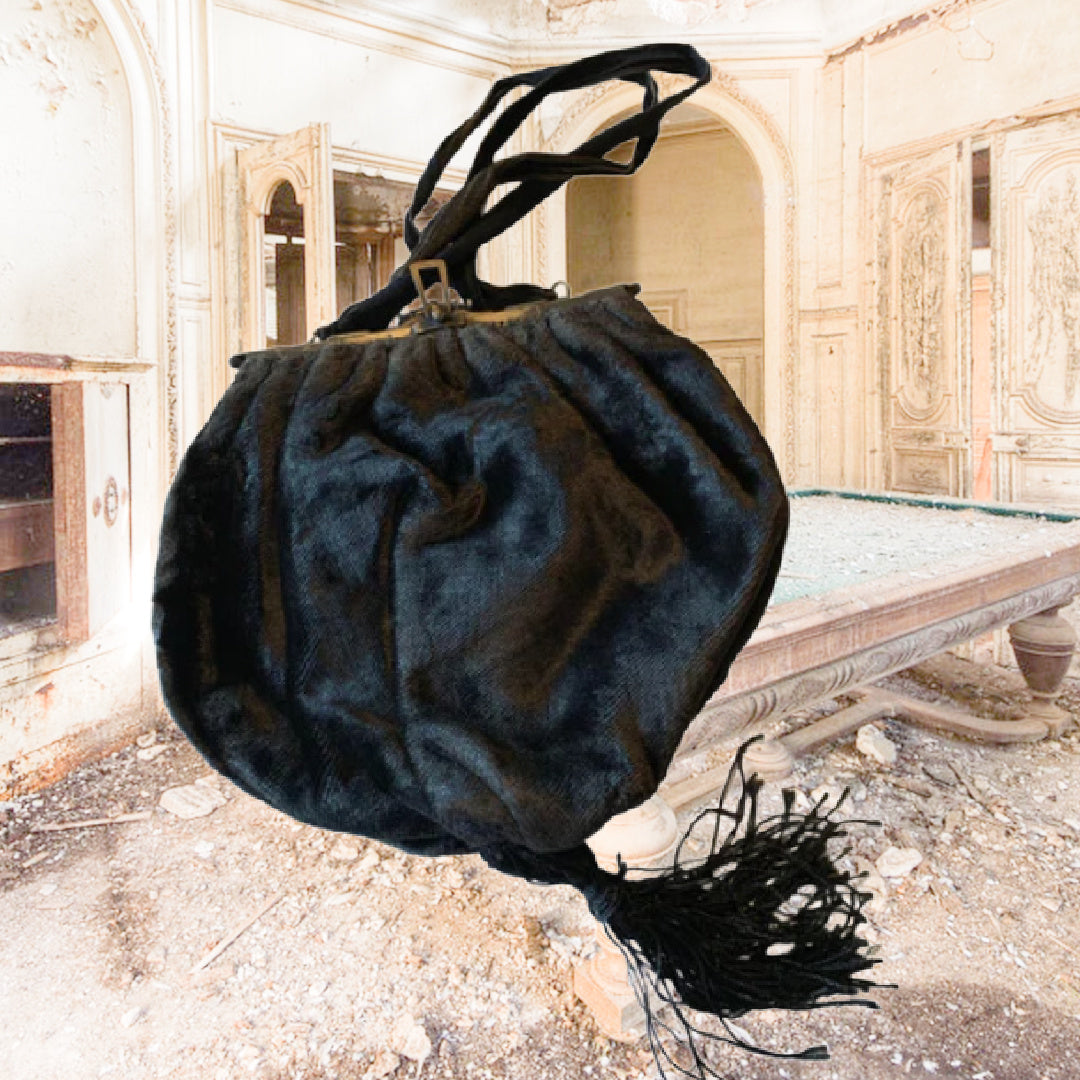 Black Cotton Velvet Folding Frame Handbag with Tassel circa 1890s