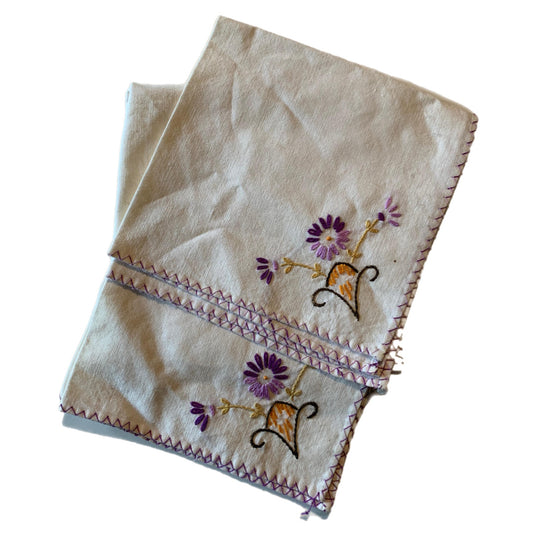 Purple Cross Stitched Handkerchiefs or Napkins Lot 3 circa 1940s