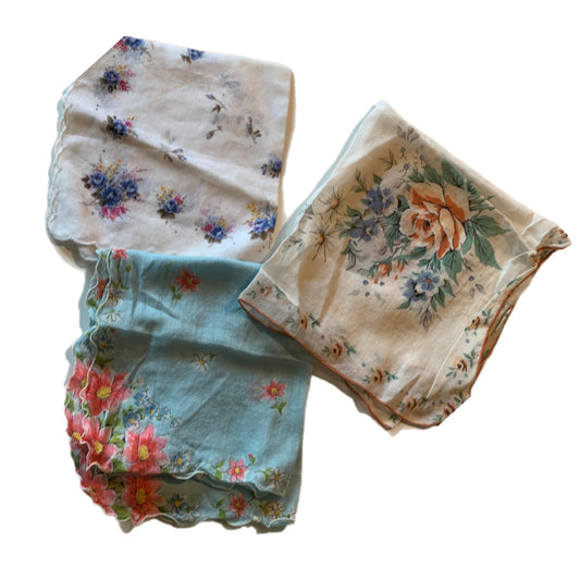Lot 3 Floral Print Handkerchiefs circa 1960s