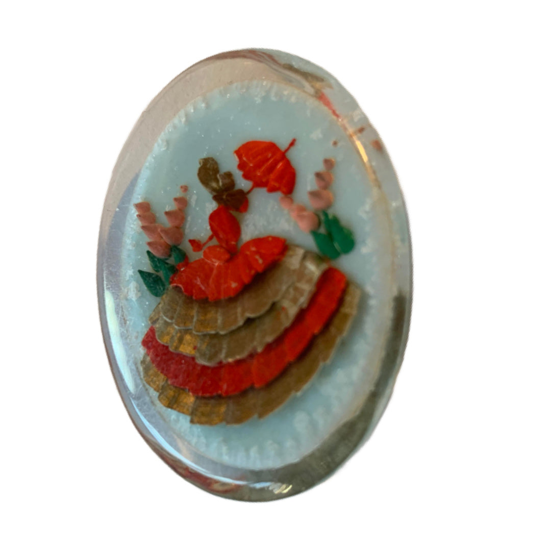 Victorian Lady with Parasol in Hollyhocks Lucite Brooch circa 1940s