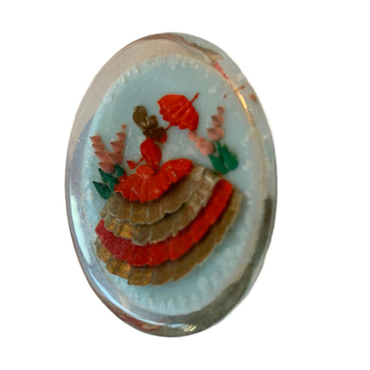 Victorian Lady with Parasol in Hollyhocks Lucite Brooch circa 1940s